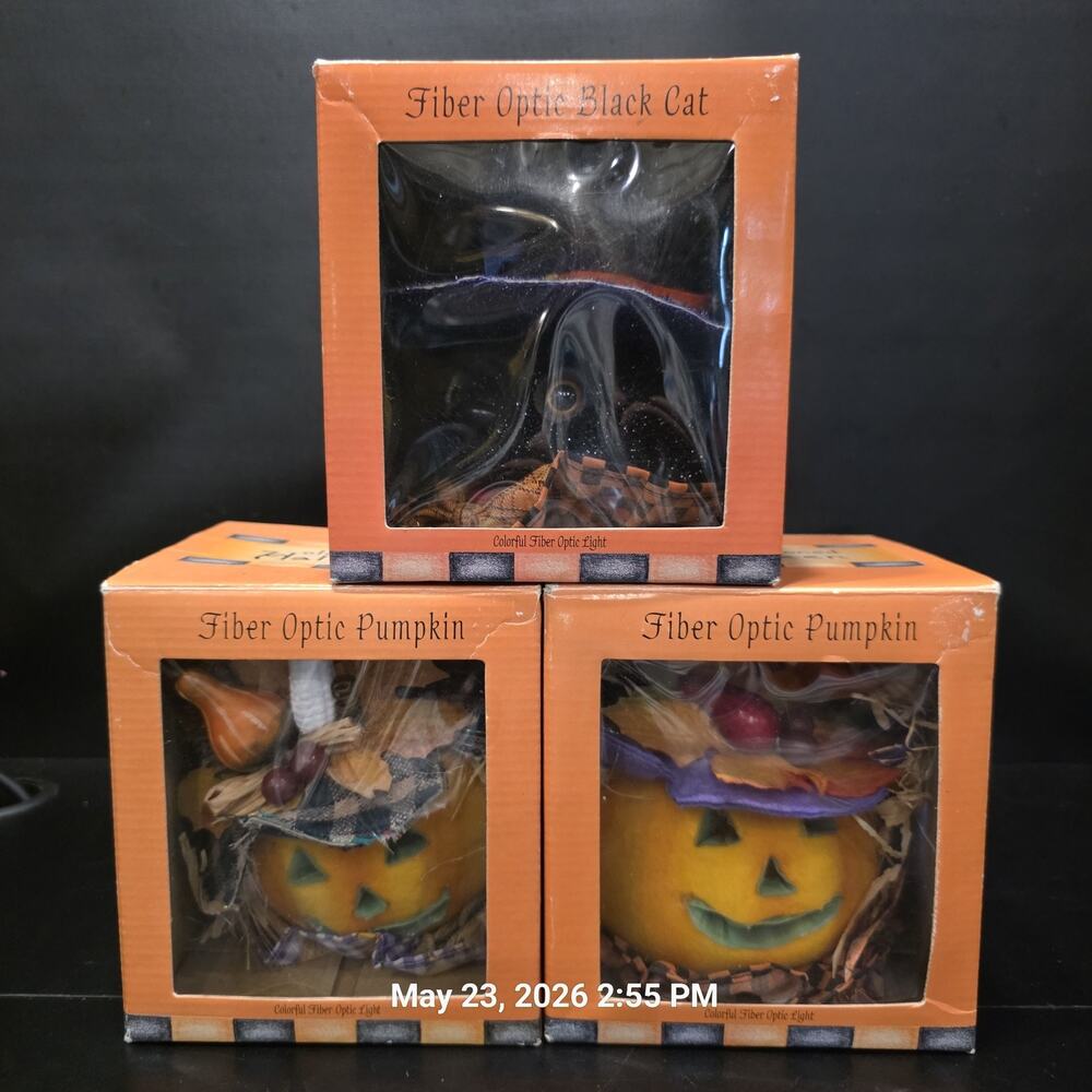 3pc Fiber Optic Halloween Pumpkin Black Cat 8" Light Up Decor w Boxes Tested